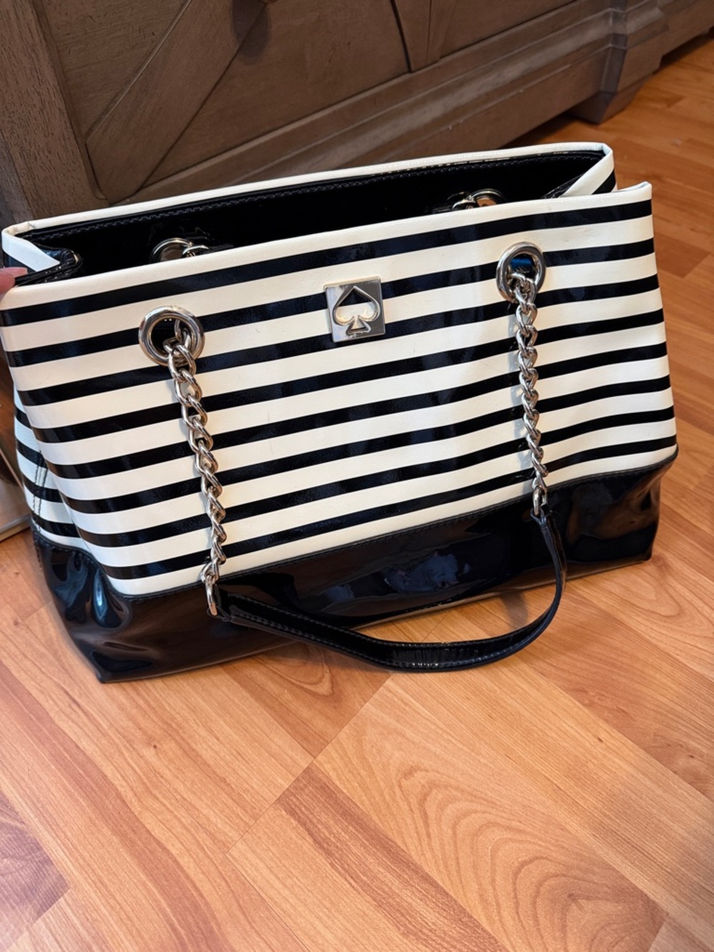 kate spade Black & White Striped Patent Tote with Chain Handles